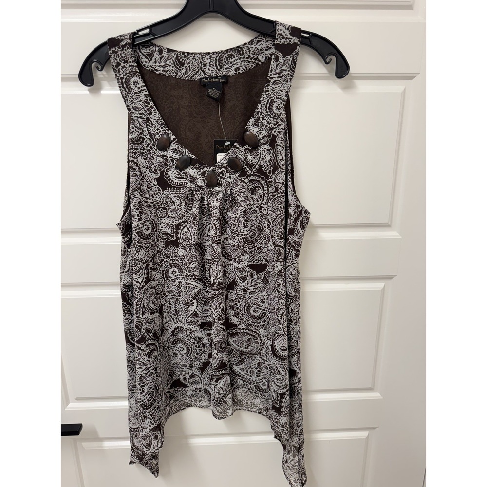 Nue Options Womens Brown Paisley Boho Sharkbite Tank Blouse Petite Large NWT